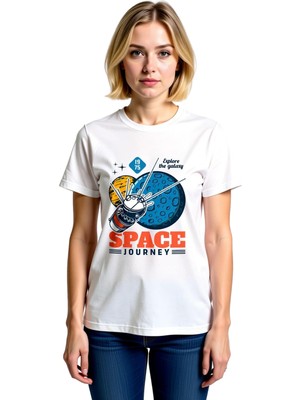 PayBuy Kadın Vintage Uzay Teması Baskılı Tişört Roket Gezegen Astronot Deseni Rahat Kesim Günlük Modern