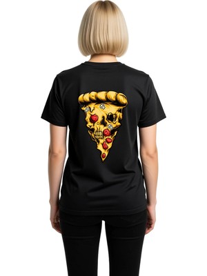 PayBuy Kadın Grafik Baskılı Tişört Pizza Kafatası Desen Kısa Kol Yuvarlak Yaka Pamuk Rahat Günlük Modern