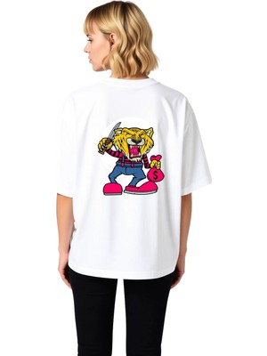 PayBuy Kadın Oversize Grafik Tişört Cesur Kaplan Karikatür Baskı Dijital Dtf Rahat Kesim Günlük Modern