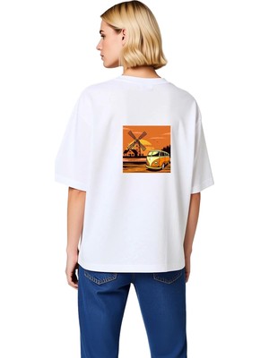 PayBuy Sunset Yolculuğu Vintage Minibüs Tasarımı Baskılı Kadın Oversize Tişört