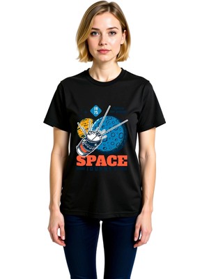PayBuy Kadın Vintage Uzay Teması Baskılı Tişört Roket Gezegen Astronot Deseni Rahat Kesim Günlük Modern