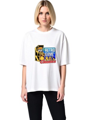 PayBuy Kadın Oversize Arcade Oyun Baskılı Tişört %100 Pamuk Rahat Kesim Nostalji Temalı Günlük Modern Şık