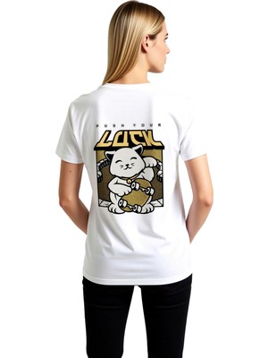 PayBuy Kadın Şanslı Kedi Baskılı Tişört Push Your Luck Yazılı Asya Kültürü Temalı Rahat Kesim Günlük Modern