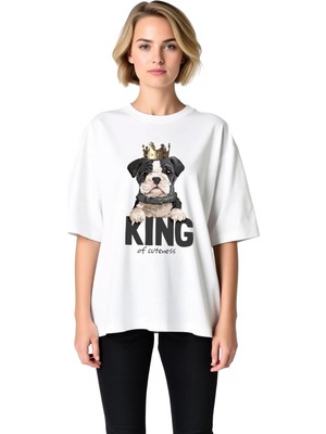PayBuy Kadın Oversize Grafik Baskılı Tişört Sevimli Köpek Tacı Taşıyan Evcil Hayvan Tasarımı Günlük Rahat