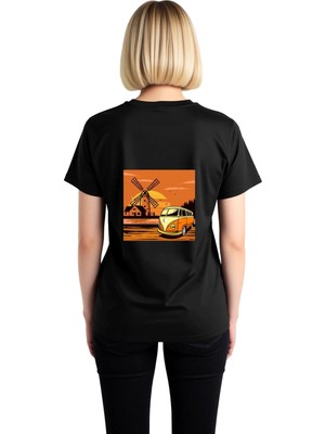 PayBuy Kadın Vintage Minibüs Sunset Manzara Baskılı Günlük Rahat Pamuk Tişört Rüzgar Değirmeni Tasarımı