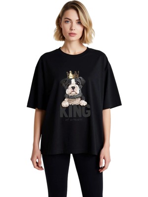 PayBuy Kadın Oversize Grafik Baskılı Tişört Sevimli Köpek Tacı Taşıyan Evcil Hayvan Tasarımı Günlük Rahat