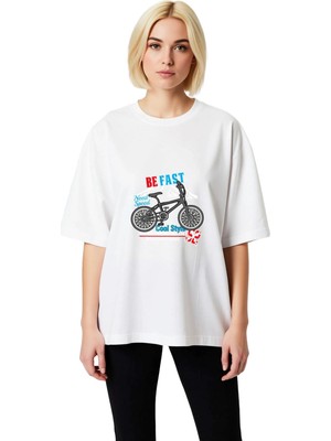 PayBuy Kadın Oversize Bisiklet Baskılı Tişört Vintage Stil Rahat Kesim Kısa Kollu Günlük Giyim Modern Şık