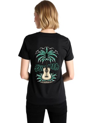 PayBuy Kadın Grafik Baskılı Müzik Temalı Retro Tişört Kısa Kollu Yuvarlak Yaka Rahat Kesim Günlük Modern