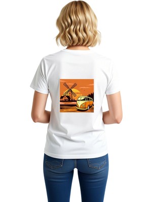 PayBuy Kadın Vintage Minibüs Sunset Manzara Baskılı Günlük Rahat Pamuk Tişört Rüzgar Değirmeni Tasarımı