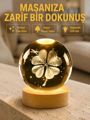 Aesco Bitki Temalı LED Işıklı Cam Küre Ahşap Standlı Modern Gece Lambası