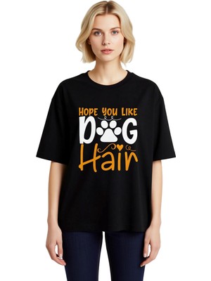 PayBuy Kadın Oversize Grafik Baskılı Köpek Tüyü Temalı Kısa Kollu Rahat Kesim Günlük Tişört Modern Şık