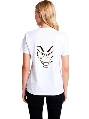 PayBuy Kadın Karikatür Yüz Baskılı Kısa Kollu Tişört Abartılı Gözler Kaşlar Minimal Sanat Tasarım Günlük