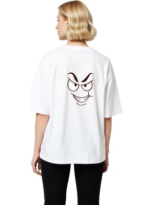 PayBuy Kadın Oversize Karikatür Yüz Baskılı Kısa Kollu Tişört Abartılı Gözlü Tasarım Rahat Kesim Günlük