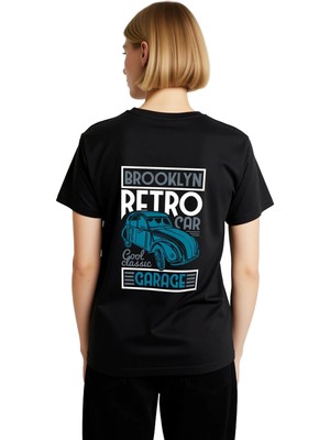 PayBuy Kadın Retro Otomobil Baskılı Kısa Kollu Tişört Brooklyn Garaj Temalı Rahat Kesim Günlük Modern Şık
