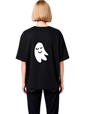 PayBuy Kadın Oversize Tişört Sevimli Gülümseyen Hayalet Baskı Kısa Kol Yuvarlak Yaka Rahat Kesim Günlük