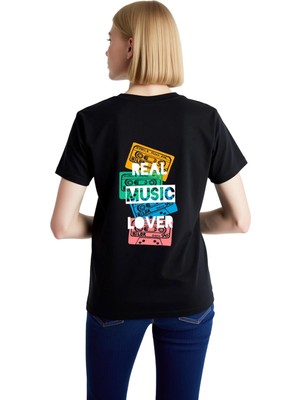 PayBuy Kadın Retro Müzik Baskılı Tişört Kaset Desenli Rahat Kesim Günlük Giyim Konforlu Modern Şık Zarif