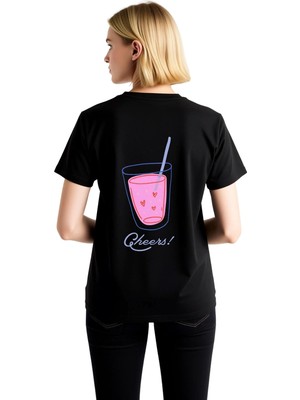 PayBuy Kadın Grafik Baskılı Kısa Kollu Tişört Neon Içecek Deseni Şerefe Yazısı Partiler Için Rahat Kesim
