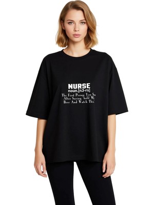 PayBuy Kadın Oversize Hemşire Tanımı Baskılı Tişört %100 Pamuk Mizahi Sözlük Stili Günlük Rahat Modern