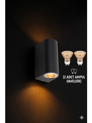 Ledx Amber Ledli Siyah Kasa Çift Yönlü Dekoratif Aplik Bahçe Balkon Salon Teras Kamelya Apliği, GU10 Ampul Dahil 220V