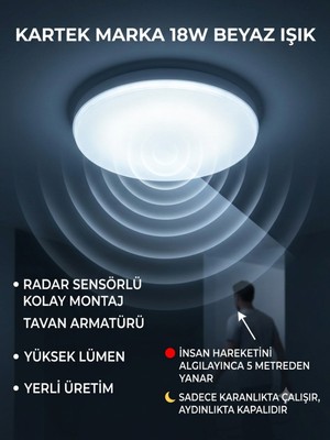 Kartek 18W Ledli Radar Sensörlü Sıva Üstü Tavan Armatürü - Yüksek Lümen, Akıllı Aydınlatma,aydınlatma Glop Armatürü LED Avize Aplik Balkon Banyo Koridor Lambası LED (Beyaz)