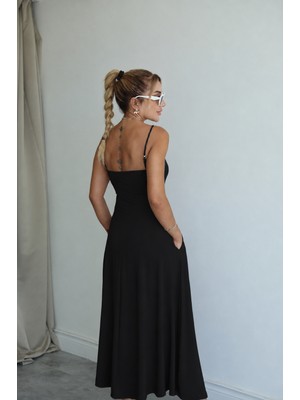 Stilvibe Kadın Ince Askılı Cepli Uzun Maxi Elbise