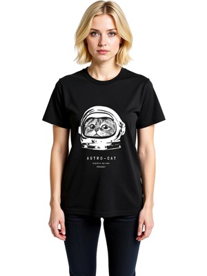 PayBuy Kadın Astronot Kedi Baskılı Kısa Kollu Yuvarlak Yaka Günlük Tişört %100 Pamuk Rahat Kesim Modern
