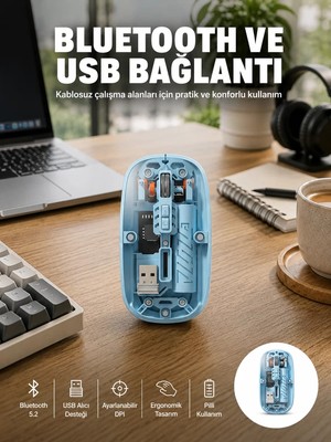Ankaverse Bluetooth 5.2 Destekli Mavi Pilli Kablosuz Mouse Yeni Nesil