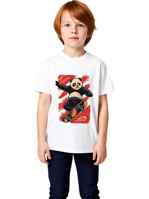 PayBuy Erkek Çocuk Kaykay Sporcu Panda Baskılı Kısa Kollu Rahat Kesim Pamuklu Tişört Günlük Modern Şık