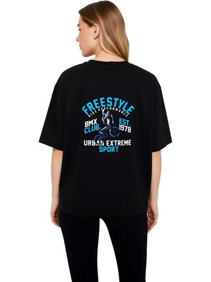 PayBuy Kadın Oversize Tişört %100 Pamuk Freestyle Bmx Klübü Est Baskılı Urban Extrem Spor Grafik Günlük
