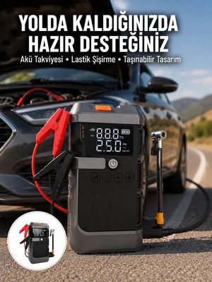 Ankaverse Işıklı Hava Kompresörlü Taşınabilir Akü Takviye Ünitesi Yeni Nesil