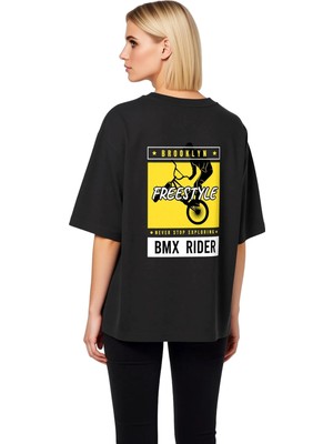 PayBuy Kadın Oversize Tişört Bmx Freestyle Brooklyn Baskılı Rahat Kesim Günlük Spor Stil Modern Şık Zarif
