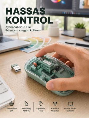 Ankaverse Şeffaf Tasarımlı Bluetooth Kablosuz Mouse Pilli Kullanım Yeni Nesil