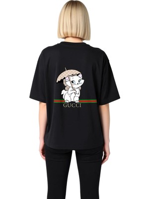 PayBuy Beyaz Kedi Puantiyeli Şemsiye Lüks Baskılı Kadın Oversize Tişört