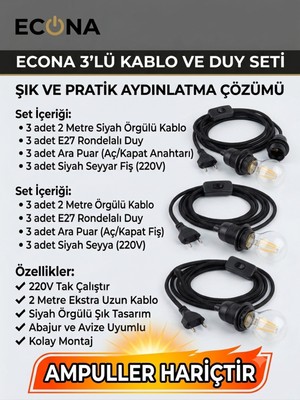 Econa 3 Adet Seyyar Fişli Kablo E27 Duylu Rondelalı Anahtarlı Kablo 2 Metre Siyah Arapuarlı Abajur Kablosu | Tak Çalıştır 220V | Avize, Sarkıt ve Kamp Aydınlatma Uyumlu