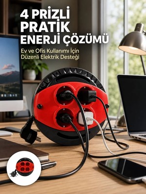 Ankaverse 3 Metre Uzatma Kablolu 4 Prizli Makara Kırmızı