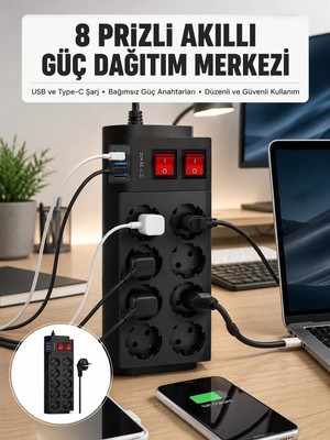 Ankaverse 2 Metre Güçlü Çoklu Priz 8 Soket Yeni Nesil