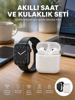 Ankaverse Akıllı Saat Gümüş Kasa Bluetooth Kulaklık Hediyeli Çok Fonksiyonlu Ikili Set