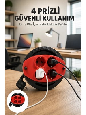 Ankaverse Kırmızı Renk 5 Metre 4’lü Kablolu Priz Makarası