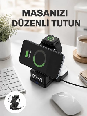 Ankaverse Kablosuz Şarjlı Dijital Masa Saati – 3 Parlaklık Seviyeli LED Hızlı Şarj Apple Uyumlu Yeni Nesil
