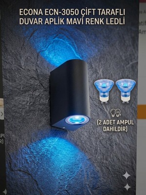 Ledx Mavi Spot Lamba Ledli Siyah Kasa Çift Yönlü Dekoratif Aplik Bahçe Balkon Salon Teras Kamelya Apliği, GU10 Ampul Dahil 220V