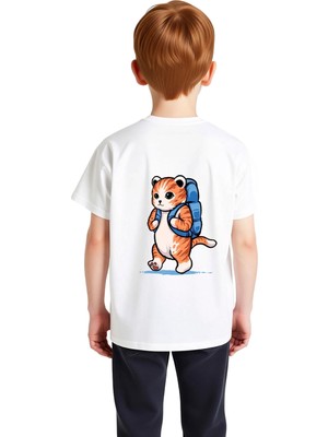 PayBuy Sırt Çantası Taşıyan Kedi Karikatürü Baskılı Çocuk Tişört