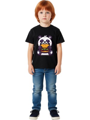 PayBuy Çocuk Karikatür Panda Burger Baskılı Kısa Kollu Tişört %100 Pamuk Rahat Kesim Günlük Modern Şık