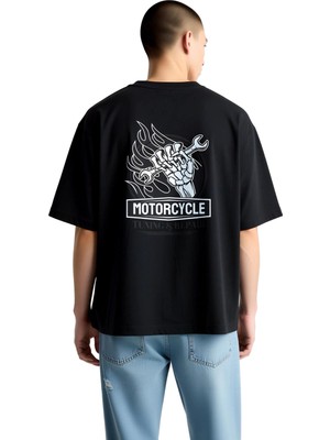 PayBuy Erkek Oversize Motorsiklet Tuning Tamiri Baskılı Kısa Kollu Tişört Günlük Rahat Kesim Modern Şık