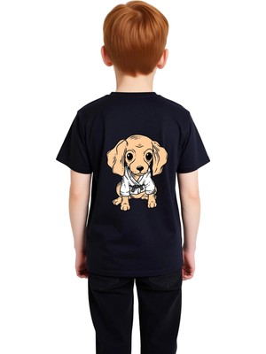 PayBuy Çocuk Kısa Kollu Baskılı Tişört Karate Köpek Figürlü Rahat Kesim Günlük Giyim Modern Şık Konforlu