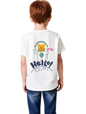 PayBuy Çocuk Uzay Astronot Baskılı Kısa Kollu Tişört Retro Grafik Merhaba Tasarımı Rahat Kesim Günlük Şık