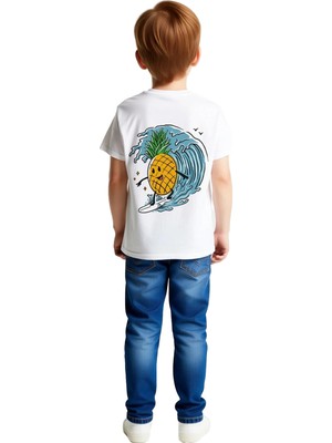 PayBuy Çocuk Tişört Sörf Yapan Ananas Baskılı Rahat Kesim Kısa Kol Yuvarlak Yaka Günlük Giyim Modern Şık