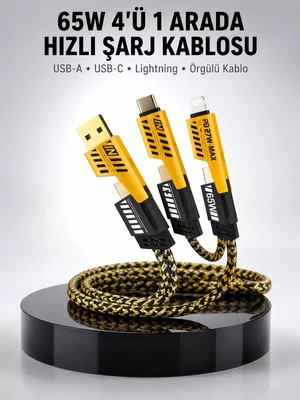 Ankaverse 65W 4'ü 1 Arada Çoklu Şarj Kablosu – Usb-C Usb-A Lightning Veri ve Şarj Desteği Yeni Nesil