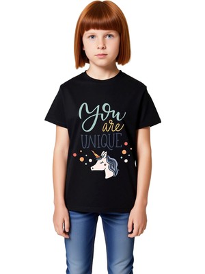 PayBuy Çocuk Unicorn Baskılı Motivasyon Tişört Eşsizsin Yazılı Günlük Rahat Kesim Pamuk Modern Şık Konforlu