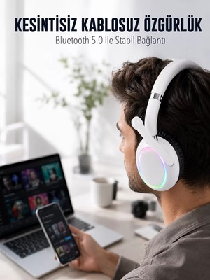 Ankaverse Rgb Işıklı Mikrofonlu Bluetooth Kulaklık Beyaz Over-Ear Tasarım Type-C Şarjlı