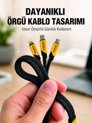 Ankaverse USB 3'ü 1 Arada Şarj Kablosu 240W Pd Destekli Çoklu Şarj Kablosu